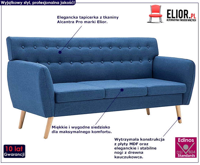 3-osobowa sofa pikowana Lilia, niebieska