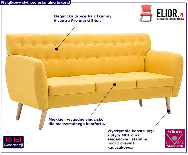 Żółta 3-osobowa sofa pikowana Lilia