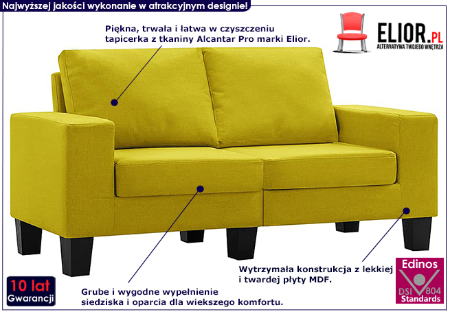 Ponadczasowa dwuosobowa sofa żółta Lurra 2Q