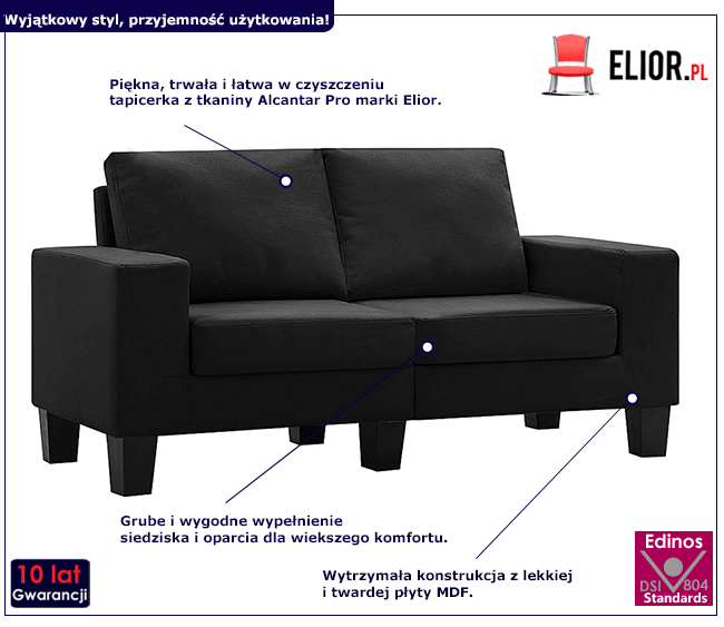 Ponadczasowa dwuosobowa sofa czarna Arwen 2Q