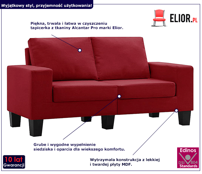Ponadczasowa dwuosobowa sofa czerwona Arwen 2Q