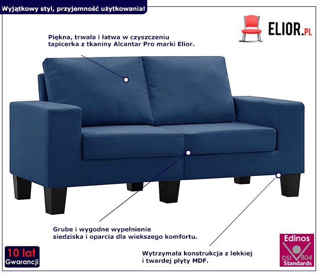 Ponadczasowa dwuosobowa sofa niebieska Magnex 2Q