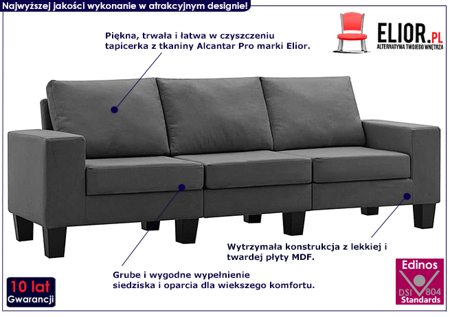 Ponadczasowa trzyosobowa sofa ciemnoszara Lurra 3Q