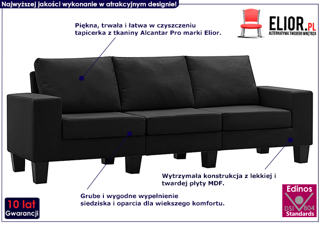 Trzyosobowa sofa czarna Lurra 3Q