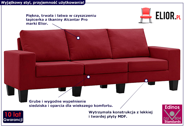 Ponadczasowa trzyosobowa sofa czerwona Lurra 3Q