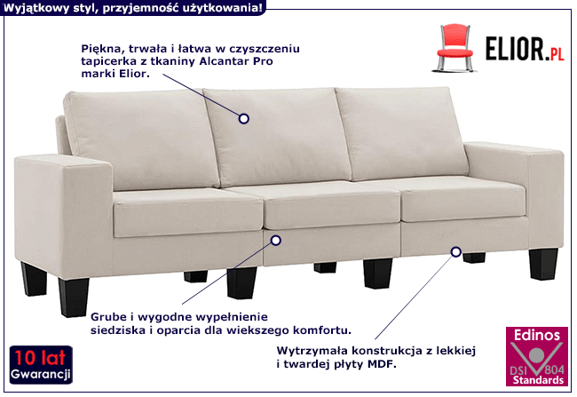 Ponadczasowa trzyosobowa sofa kremowa Magnex 3Q