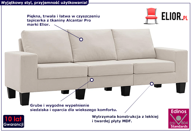 Ponadczasowa trzyosobowa sofa kremowa Lurra 3Q