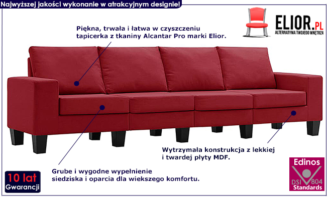 Ponadczasowa 4-osobowa sofa czerwona Lurra 4Q