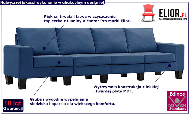 Ponadczasowa 4-osobowa sofa niebieska Lurra 4Q