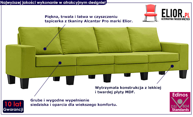 Ponadczasowa 4-osobowa sofa zielona Lurra 4Q