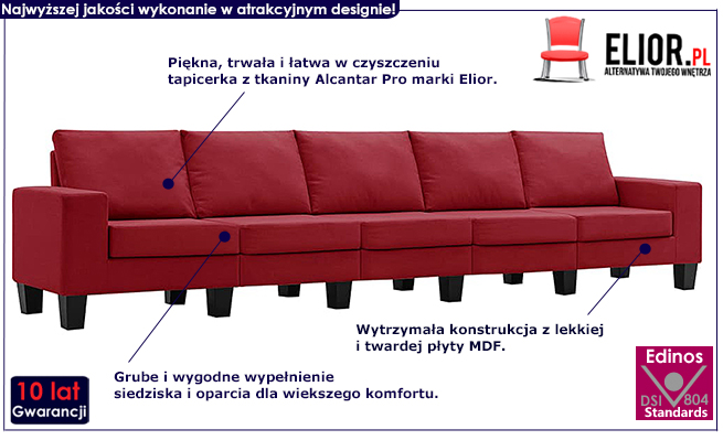 Ponadczasowa 5-osobowa sofa czerwona Lurra 5Q 