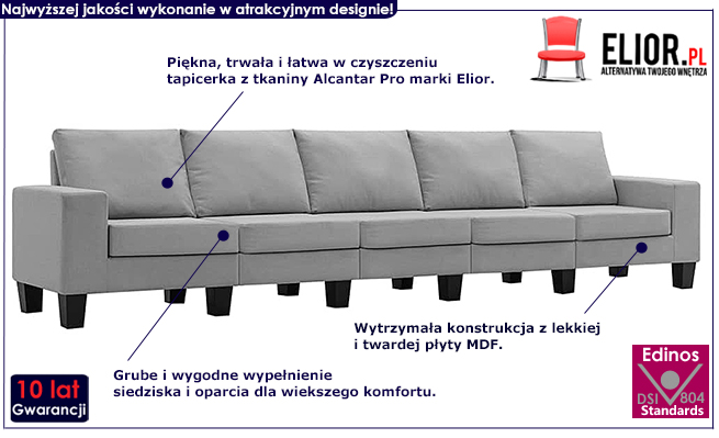 Ponadczasowa 5-osobowa sofa jasnoszara Lurra 5Q