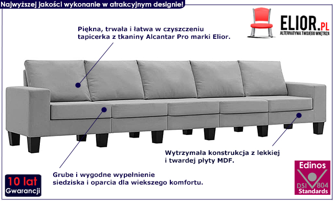 Ponadczasowa 5-osobowa sofa jasnoszara Magnex 5Q