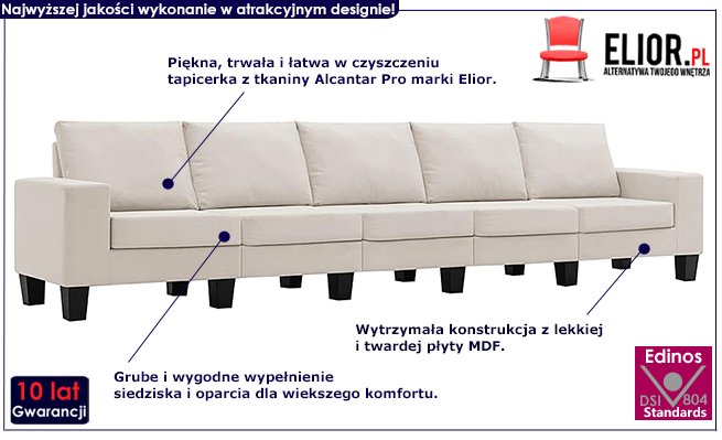 Ponadczasowa 5-osobowa sofa kremowa Lurra 5Q