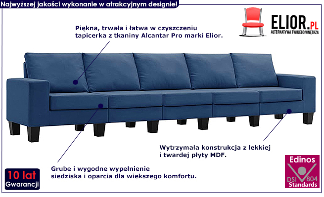 Ponadczasowa 5-osobowa sofa niebieska Arwen 5Q