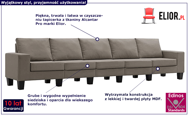 Ponadczasowa 5-osobowa sofa taupe Arwen 5Q