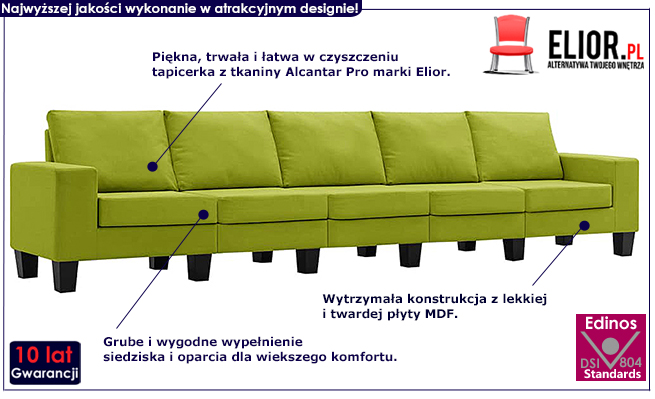 Ponadczasowa 5-osobowa sofa zielona Lurra 5Q