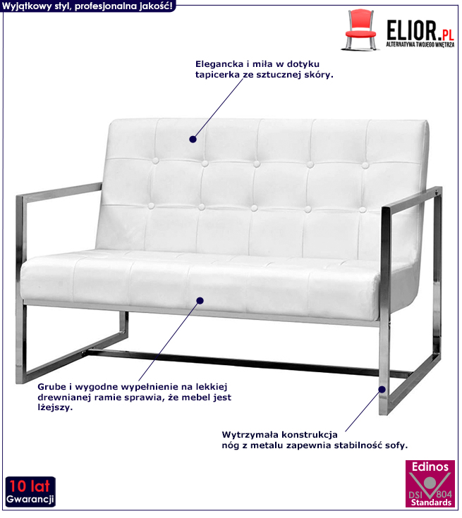 Produkt Zgrabna 2-osobowa sofa Mefir z ekoskóry - biała