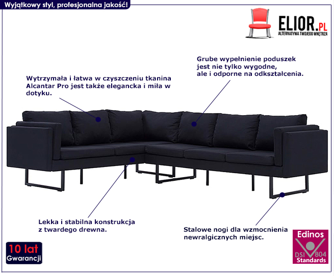 Produkt Przestronna sofa narożna Selwa - czarna