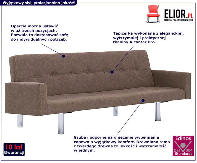 Produkt Rozkładana sofa Nesma  z podłokietnikami - brązowa