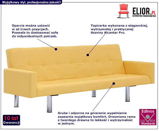 Produkt Rozkładana sofa Nesma z podłokietnikami - żółta