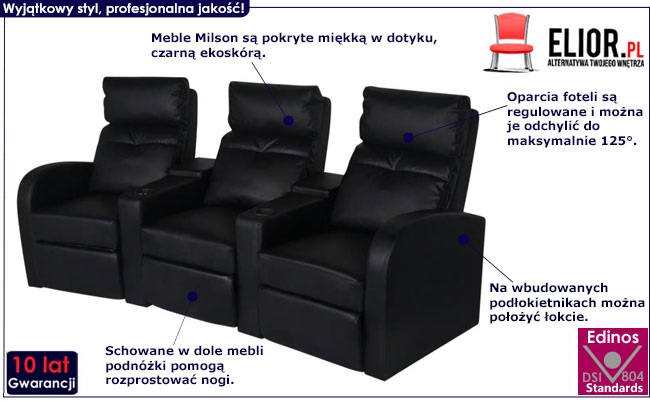 Produkt Nowoczesne, czarne 3-osobowe fotele – Milson