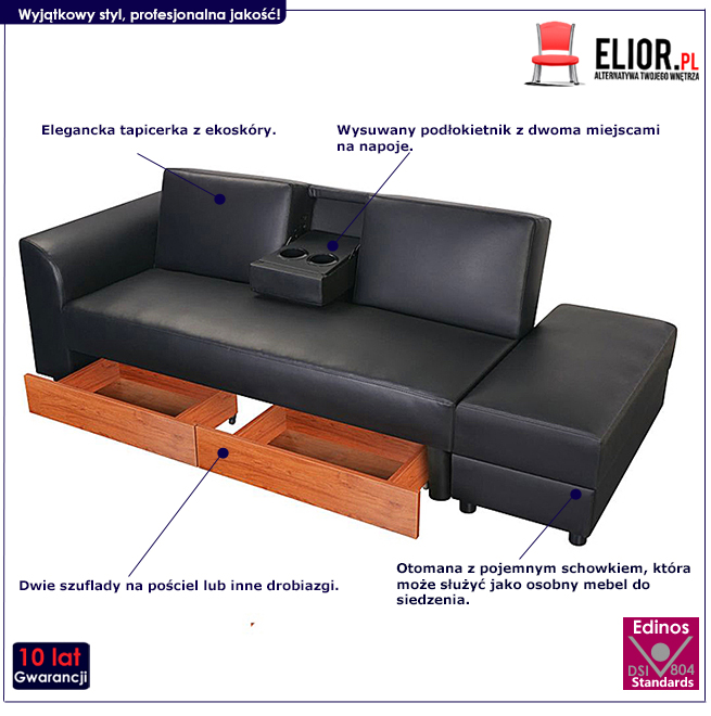 Produkt Rozkładana sofa Primera z ekokóry - czarna