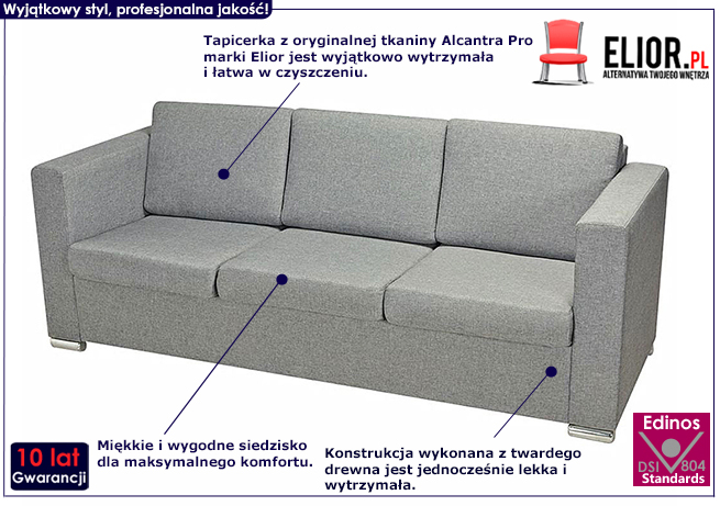 Trzyosobowa jasnoszara sofa loftowa Sigala 3Q