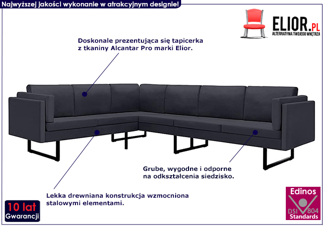 7-osobowa ciemnoszara sofa narożna, tkanina, Sirena 2X