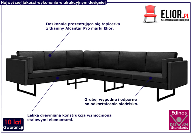 7-osobowa czarna sofa narożna, tkanina, Sirena 2X