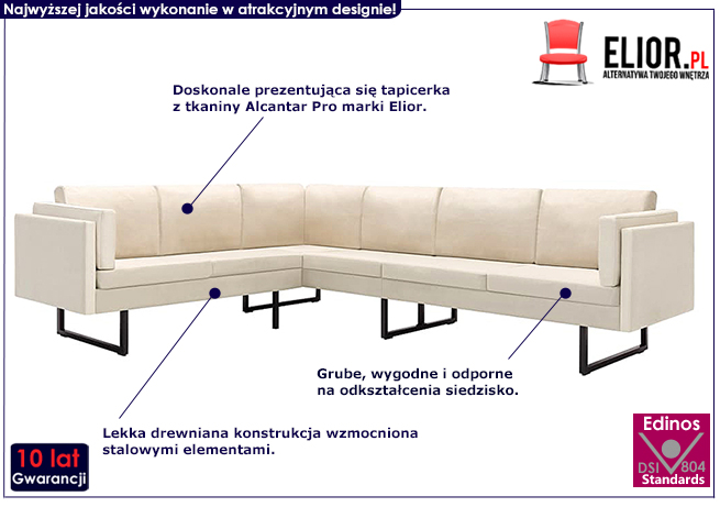 7-osobowa kremowa sofa narożna, tkanina, Sirena 2X