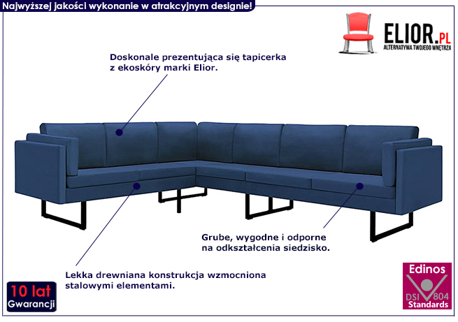 7-osobowa niebieska sofa narożna, tkanina, Sirena 2X