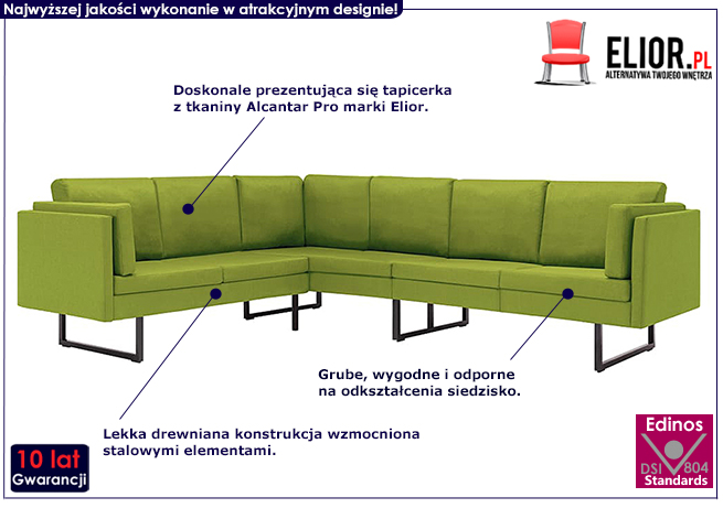 7-osobowa zielona sofa narożna, tkanina, Sirena 2X