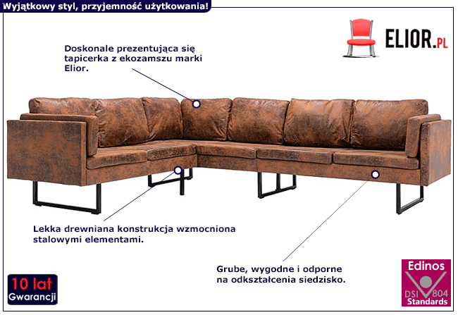 Brązowa sofa narożna z ekozamszu Sirena 2X