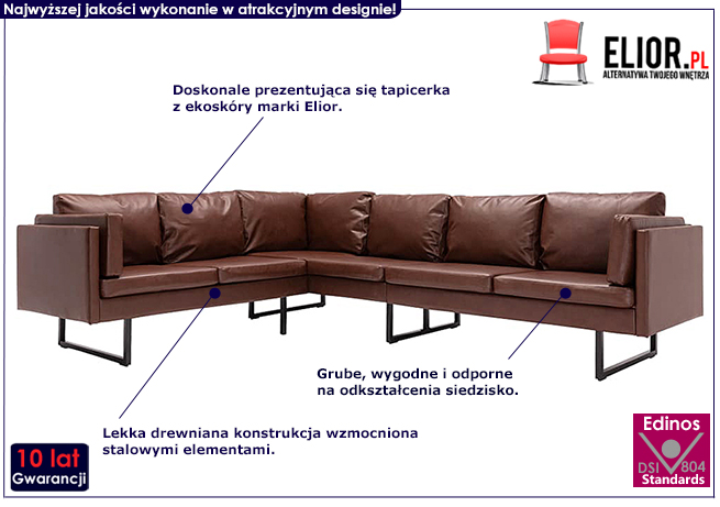 Brązowa sofa narożna z ekoskóry Sirena 2X