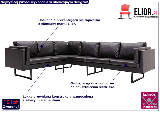 7-osobowa czarna sofa narożna, ekoskóra, Lordis 2X