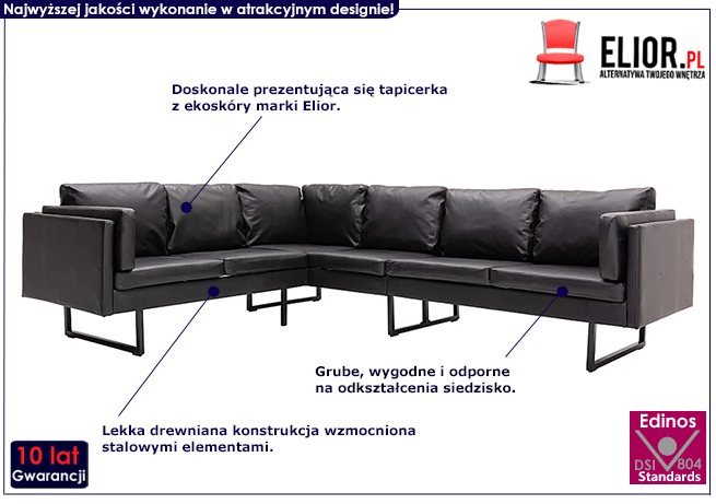 7-osobowa czarna sofa narożna, ekoskóra, Sirena 2X