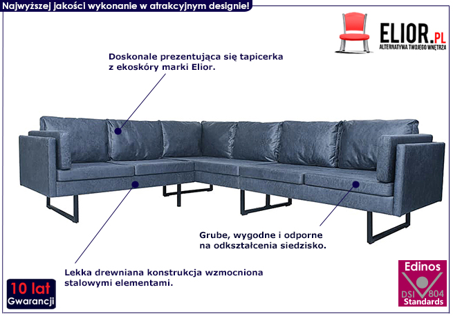 7-osobowa szara sofa narożna, ekoskóra, Lordis 2X