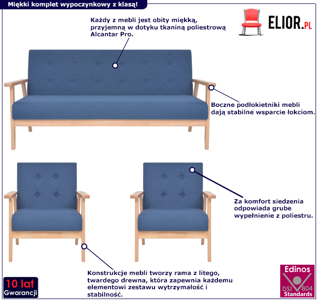 Produkt Niebieski 3-częściowy zestaw do salonu – Aranox