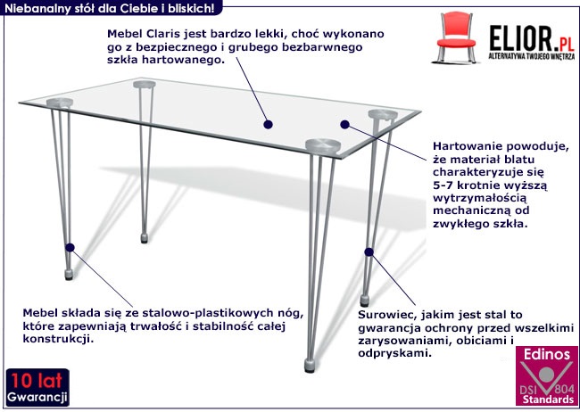 Szklany stół z przezroczystym blatem – Claris