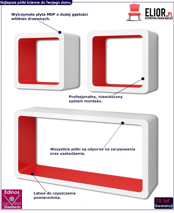 Zestaw biało-czerwonych półek ściennych Lara 3x