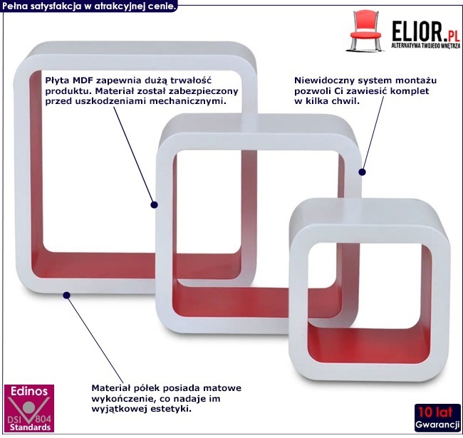 zestaw biało-czerwonych półek ściennych luca 3x