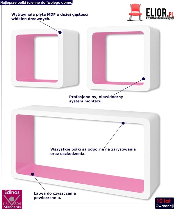 zestaw biało-różowych półek ściennych lara 3x