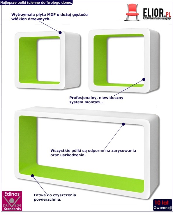 Zestaw biało-zielonych półek ściennych Lara 3X