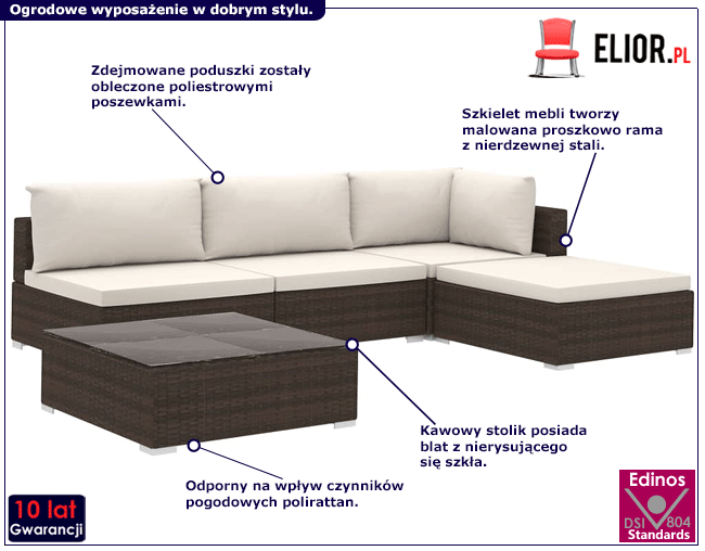 Zestaw brązowych mebli ogrodowych z jasnymi poduszkami Owis 5A