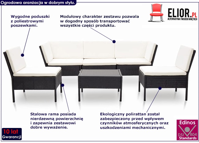 Zestaw czarnych mebli ogrodowych z jasnymi poduszkami Shannon 5X