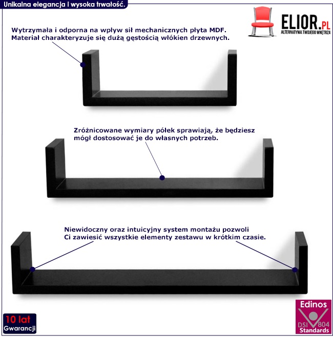 zestaw czarnych półek ściennych baffic 3x
