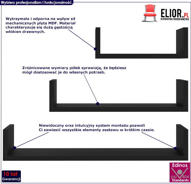zestaw czarnych półek ściennych baffic 3x