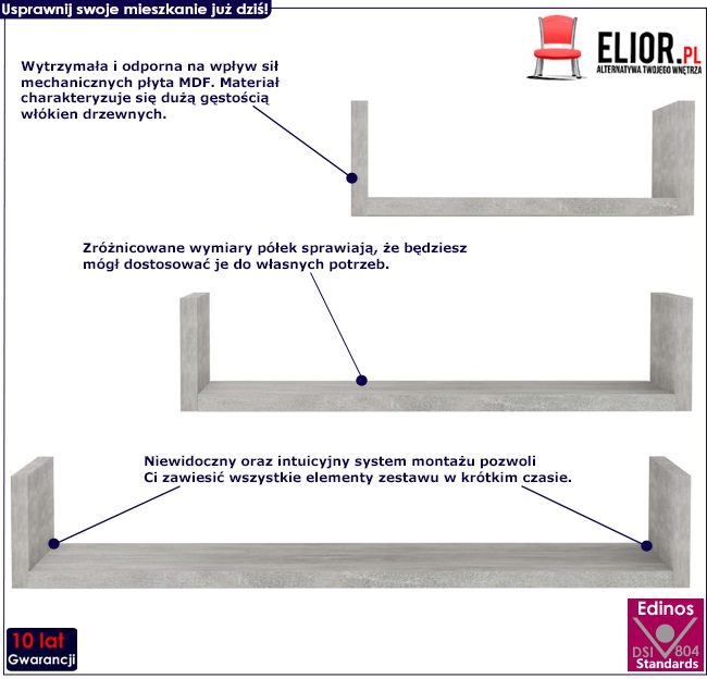 zestaw półek ściennych w kolorze betonu baffic 3x