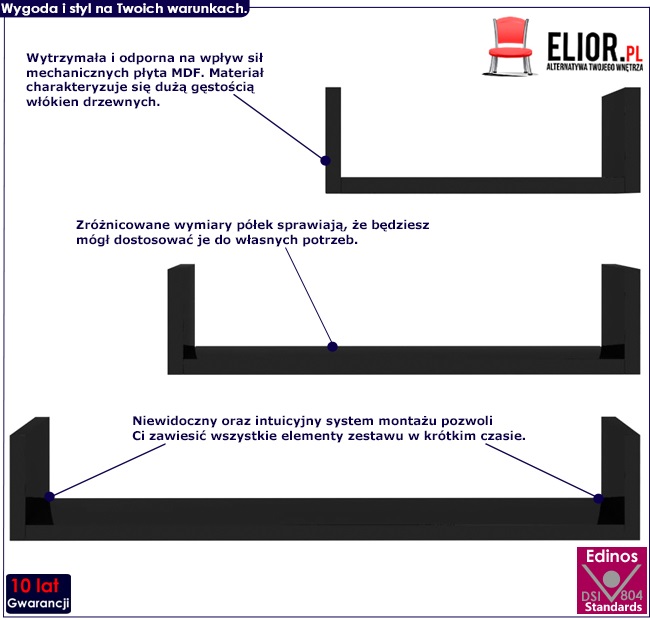 zestaw półek ściennych z czarnym połyskiem baffic 3x